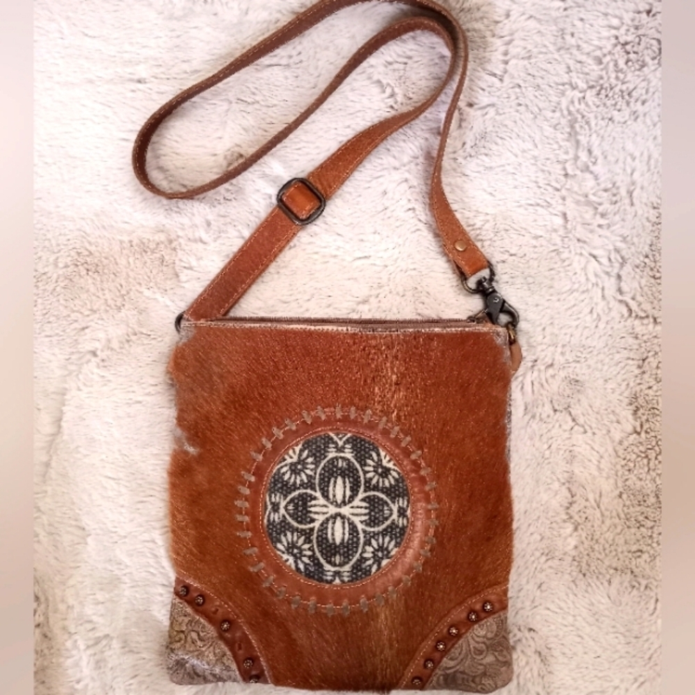 Myra Fidato Leather Tan Hair On Western Rodeo Festival Boho Moto Crossbody Bag